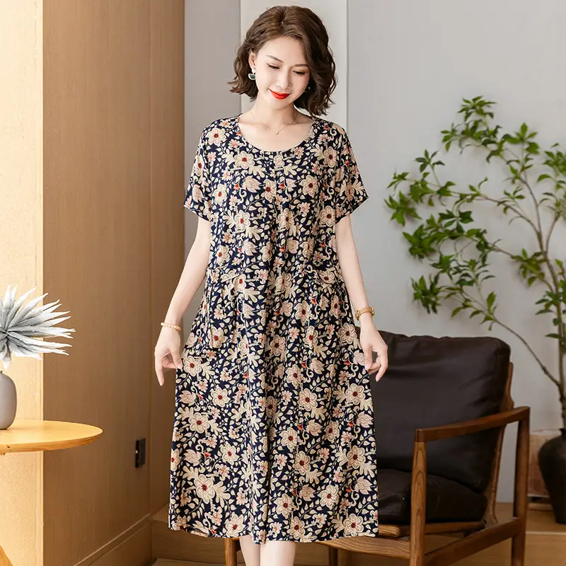Fat Plus Size Cotton Silk Dress Navy Leaf Print - Image 27