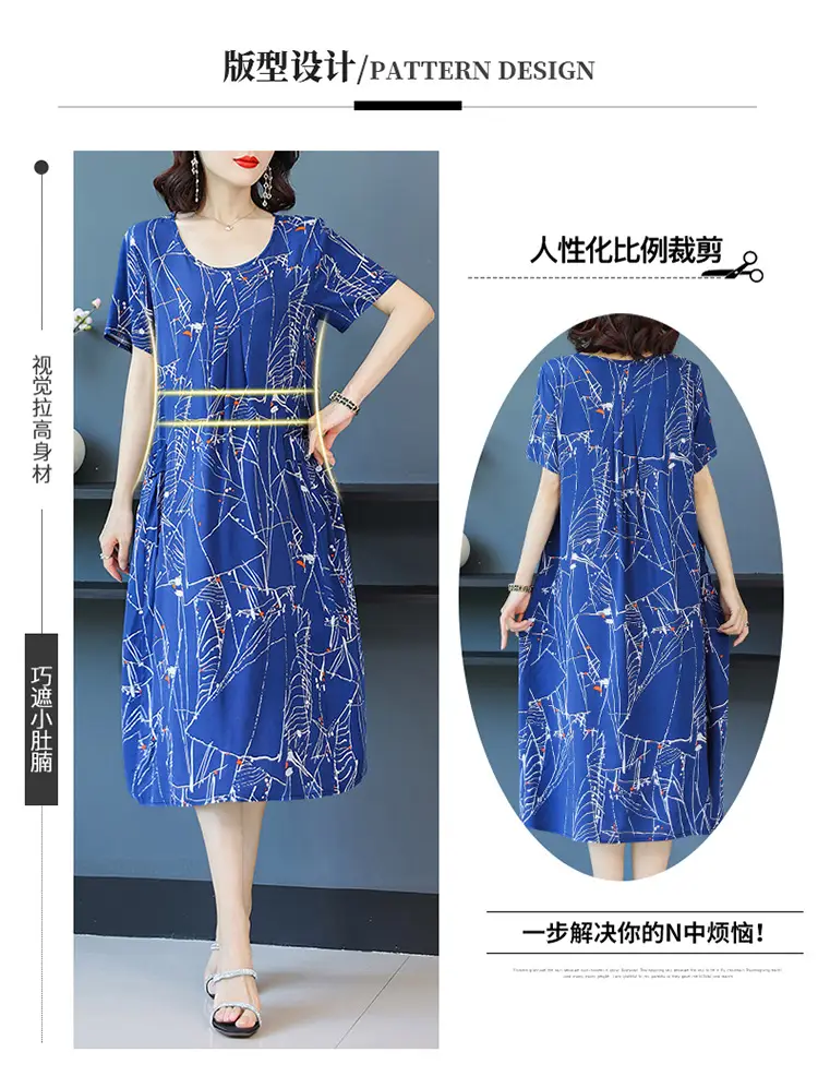 Fat Plus Size Cotton Silk Dress Navy Leaf Print — feature 15