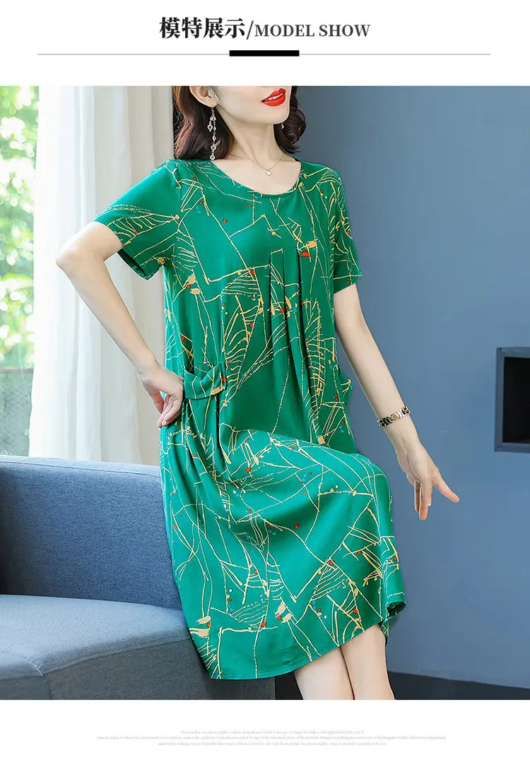 Fat Plus Size Cotton Silk Dress Navy Leaf Print — feature 24