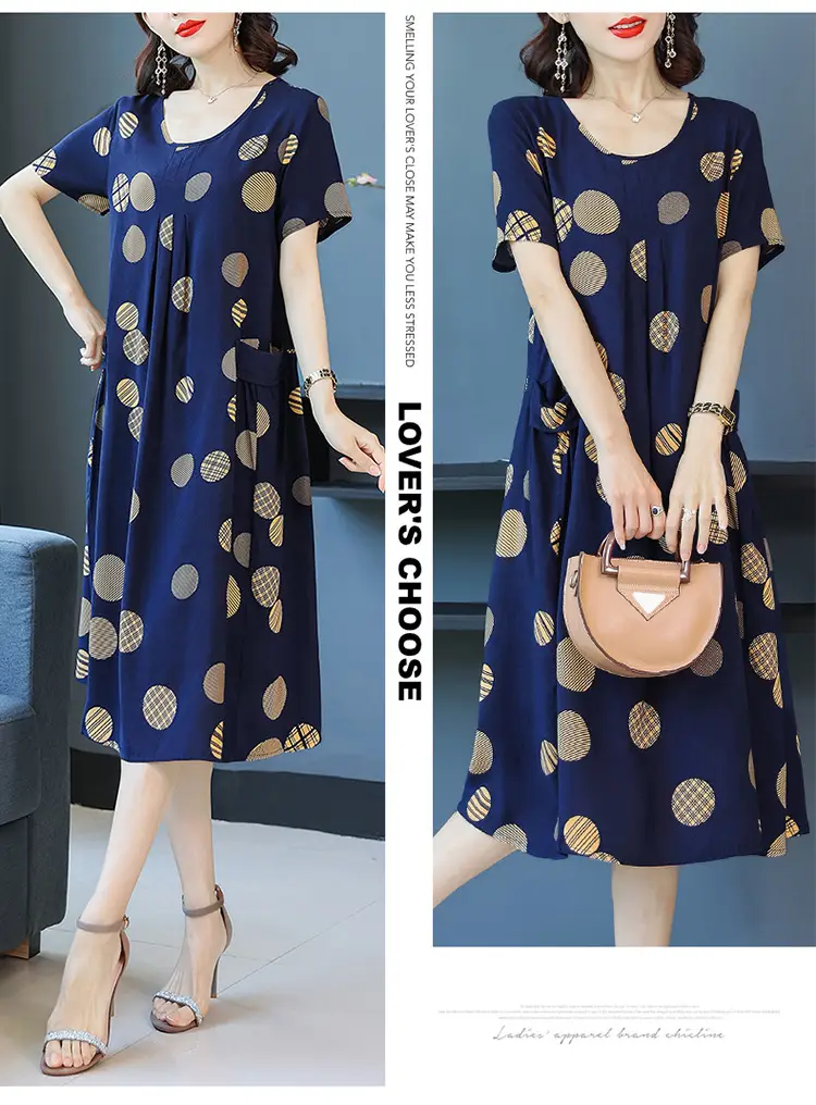 Fat Plus Size Cotton Silk Dress Navy Leaf Print — feature 27
