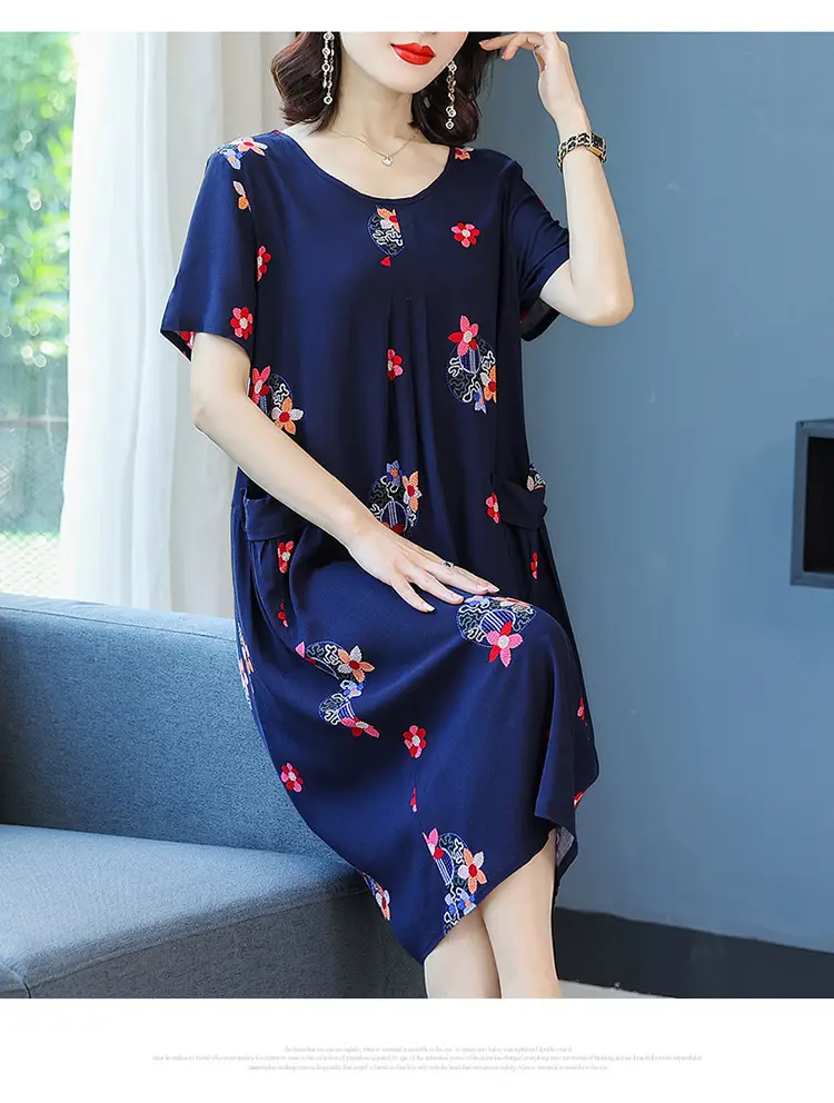 Fat Plus Size Cotton Silk Dress Navy Leaf Print — feature 30