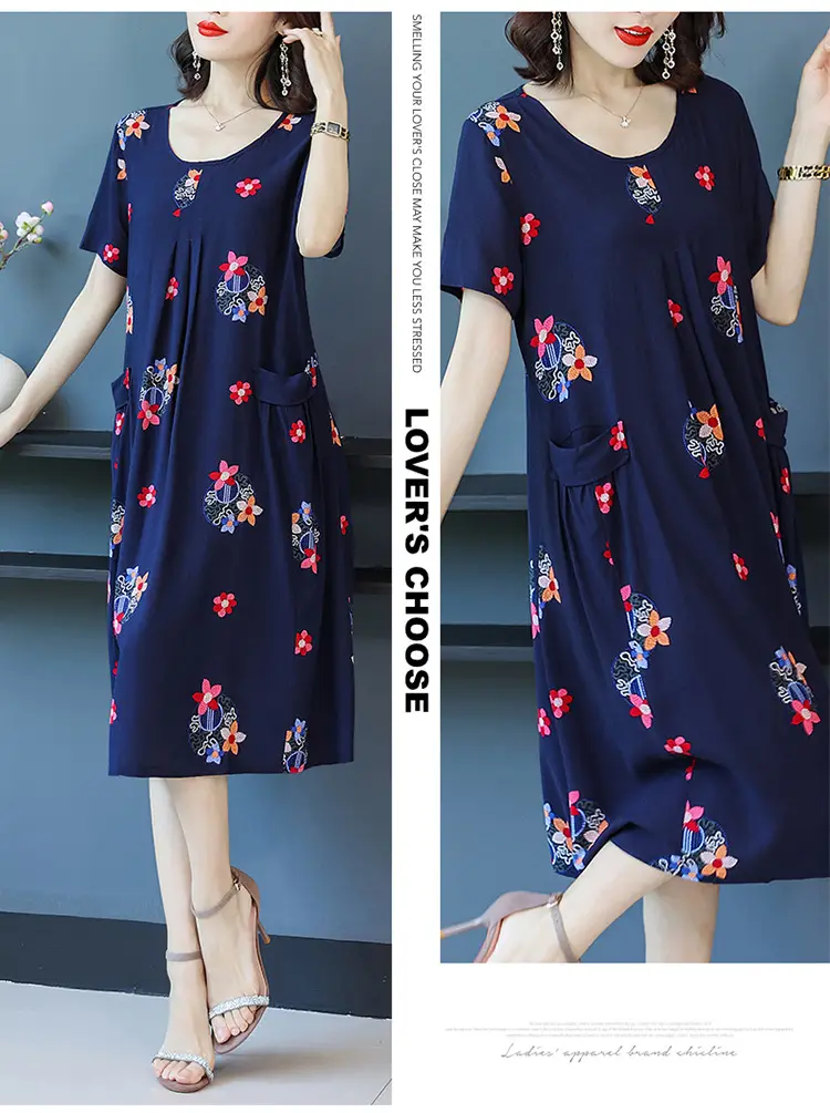 Fat Plus Size Cotton Silk Dress Navy Leaf Print — feature 31