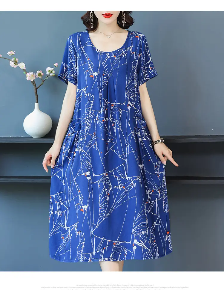 Fat Plus Size Cotton Silk Dress Navy Leaf Print — feature 32