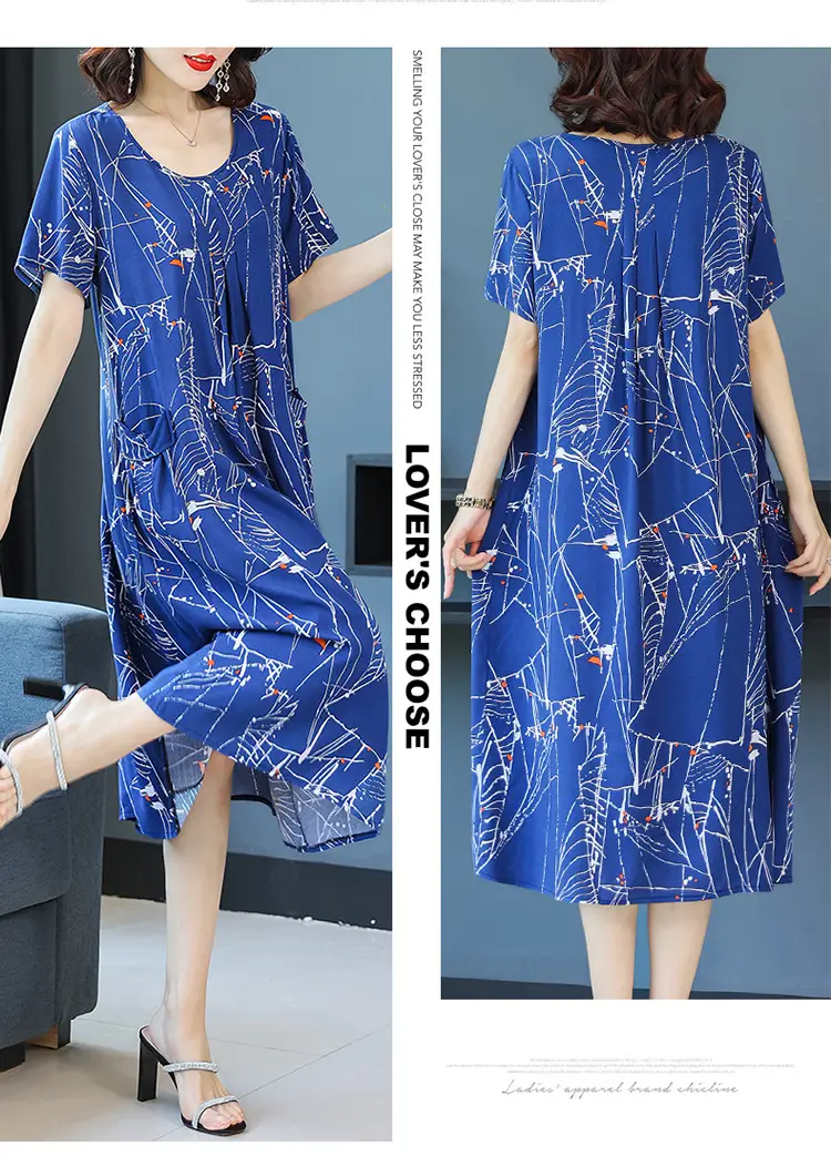 Fat Plus Size Cotton Silk Dress Navy Leaf Print — feature 33