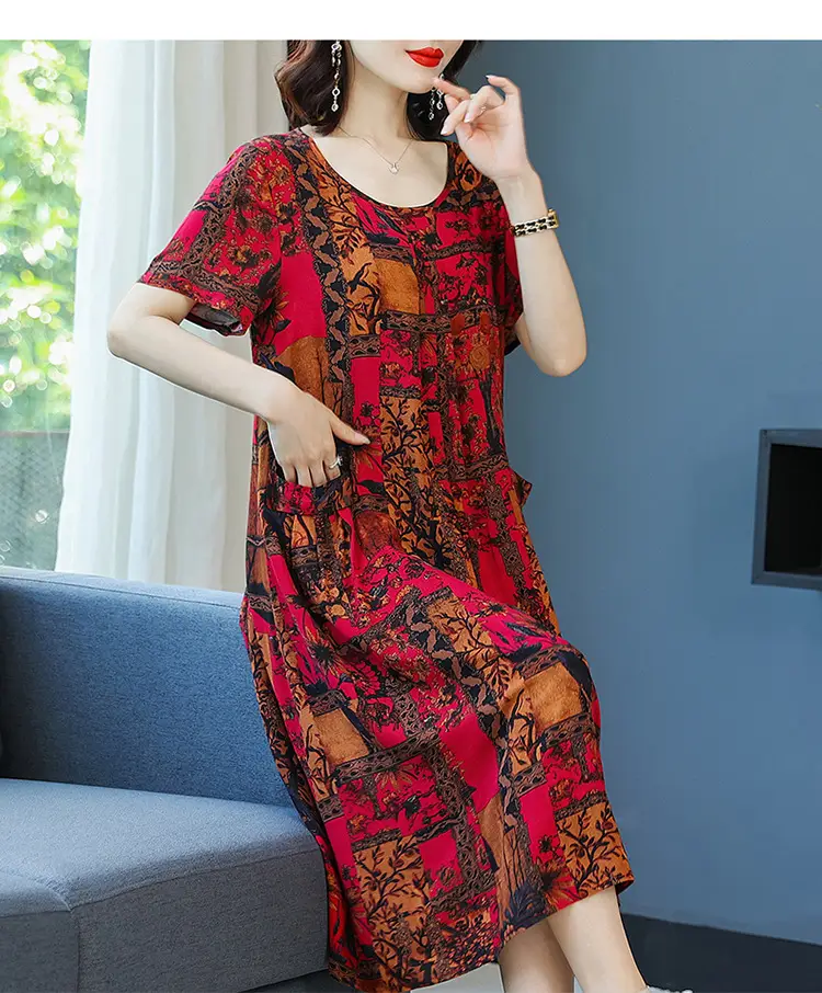 Fat Plus Size Cotton Silk Dress Navy Leaf Print — feature 38