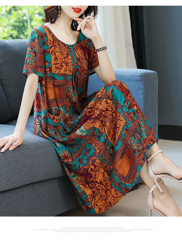 Fat Plus Size Cotton Silk Dress Navy Leaf Print — feature 40