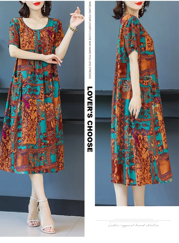 Fat Plus Size Cotton Silk Dress Navy Leaf Print — feature 41