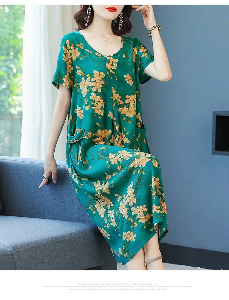 Fat Plus Size Cotton Silk Dress Navy Leaf Print — feature 42