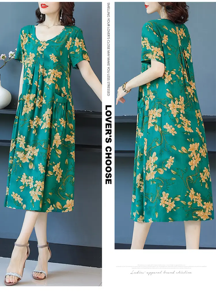 Fat Plus Size Cotton Silk Dress Navy Leaf Print — feature 43