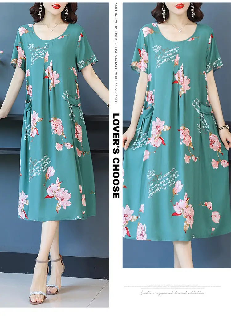 Fat Plus Size Cotton Silk Dress Navy Leaf Print — feature 47