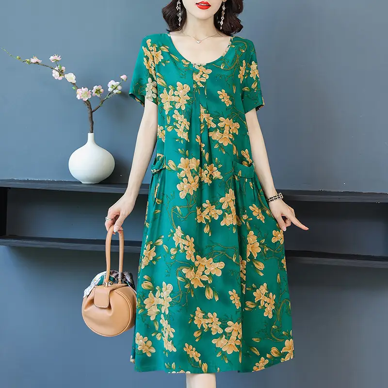 Fat Plus Size Cotton Silk Dress Navy Leaf Print - Image 10
