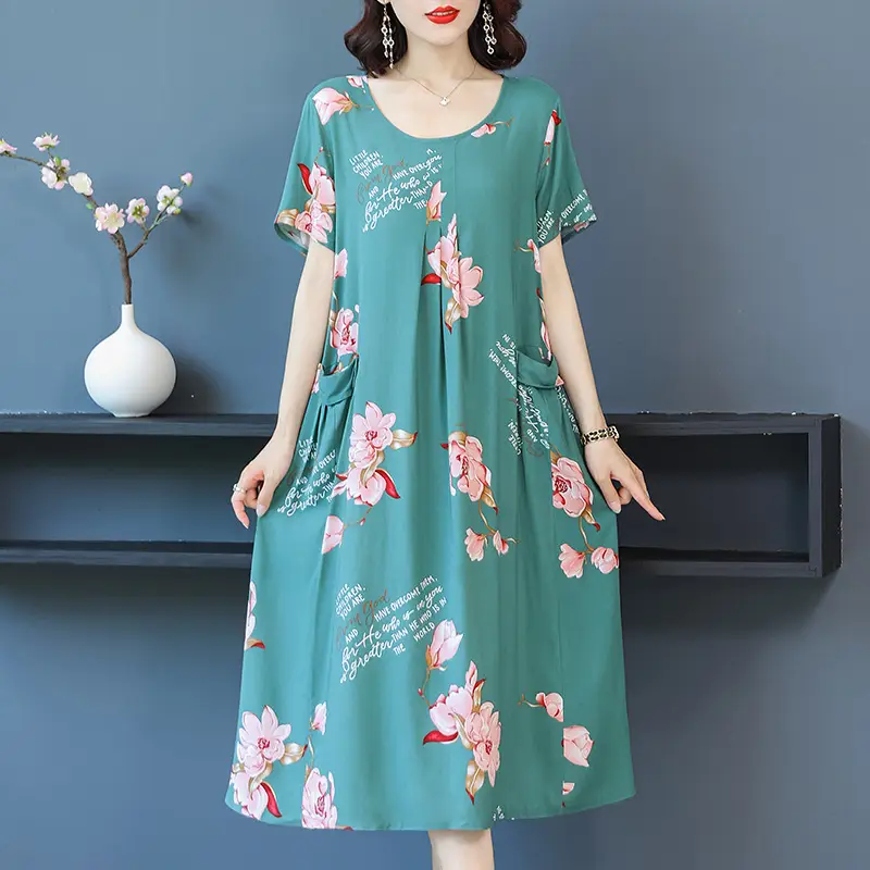 Fat Plus Size Cotton Silk Dress Navy Leaf Print - Image 12