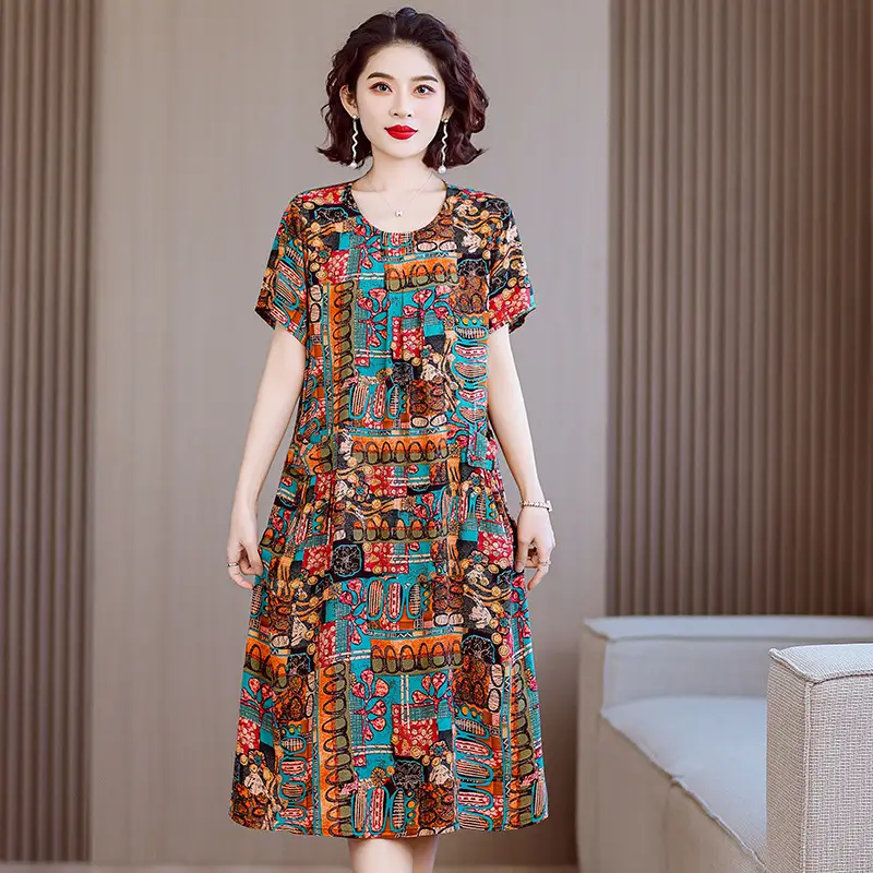 Fat Plus Size Cotton Silk Dress Navy Leaf Print - Image 14