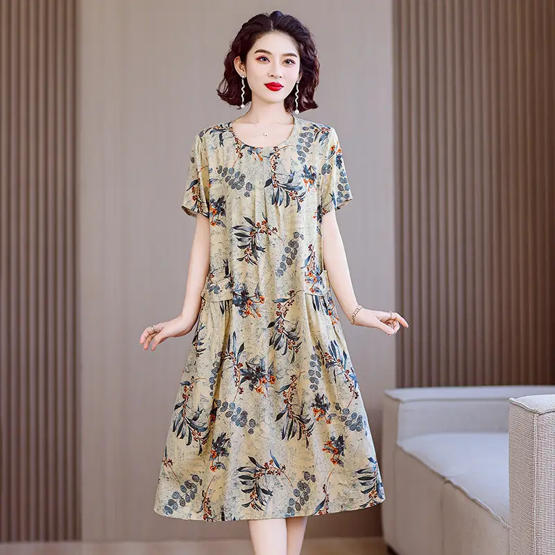 Fat Plus Size Cotton Silk Dress Navy Leaf Print - Image 15