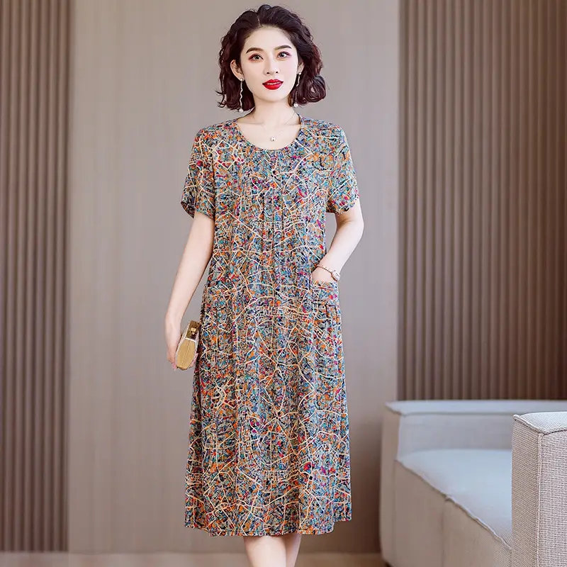 Fat Plus Size Cotton Silk Dress Navy Leaf Print - Image 16