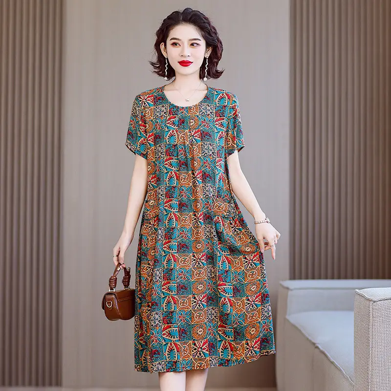Fat Plus Size Cotton Silk Dress Navy Leaf Print - Image 18