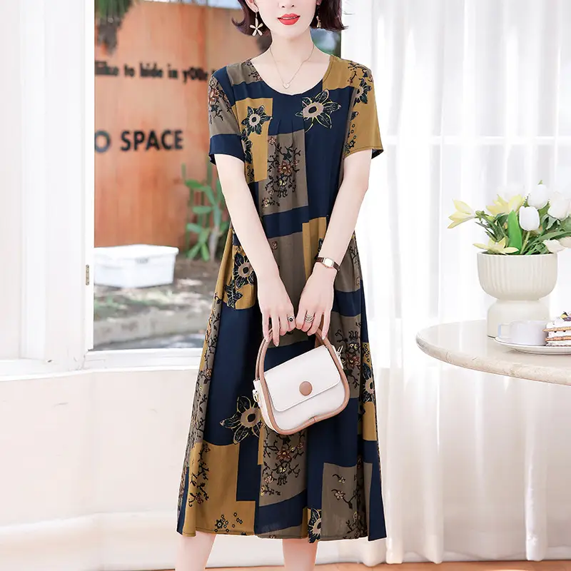 Fat Plus Size Cotton Silk Dress Navy Leaf Print - Image 19