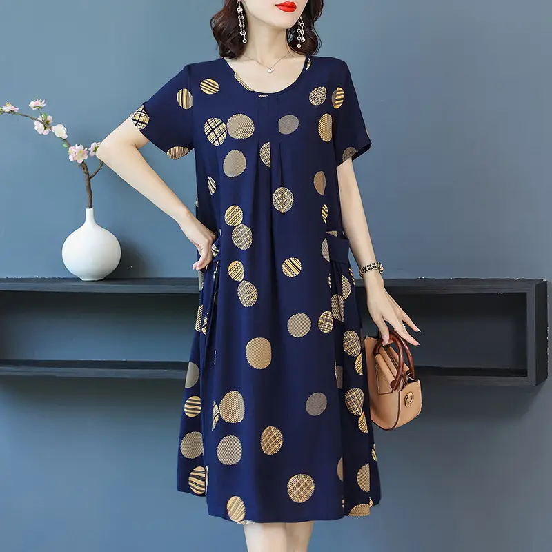 Fat Plus Size Cotton Silk Dress Navy Leaf Print - Image 2