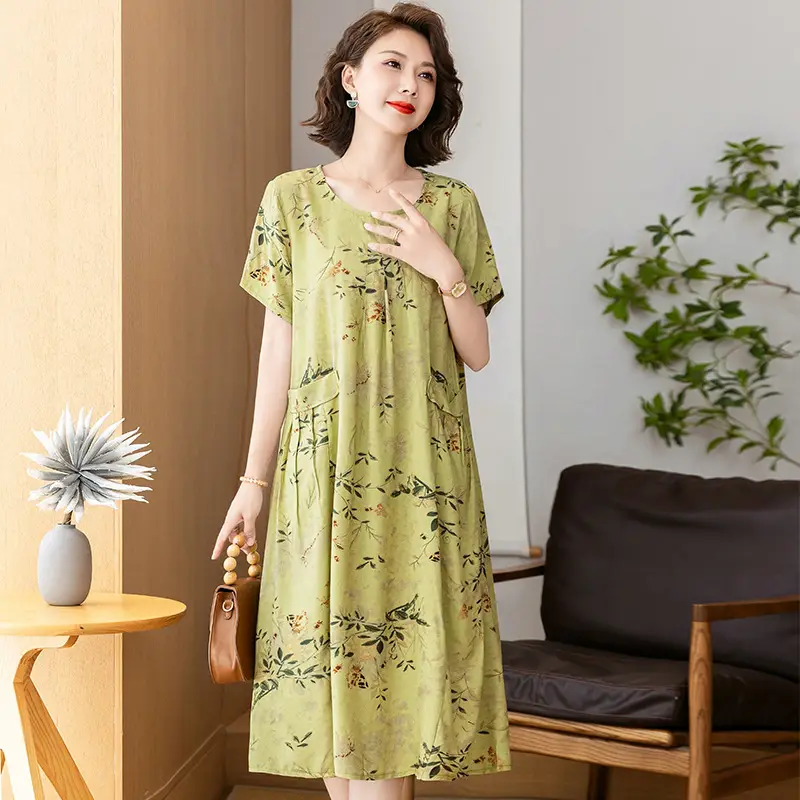 Fat Plus Size Cotton Silk Dress Navy Leaf Print - Image 21