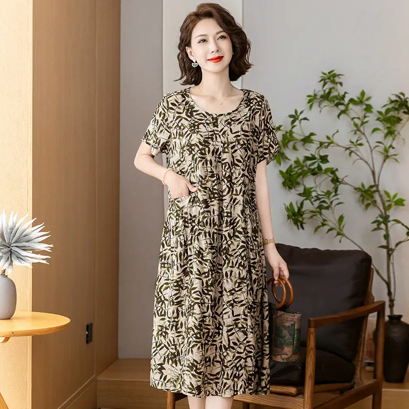 Fat Plus Size Cotton Silk Dress Navy Leaf Print - Image 24