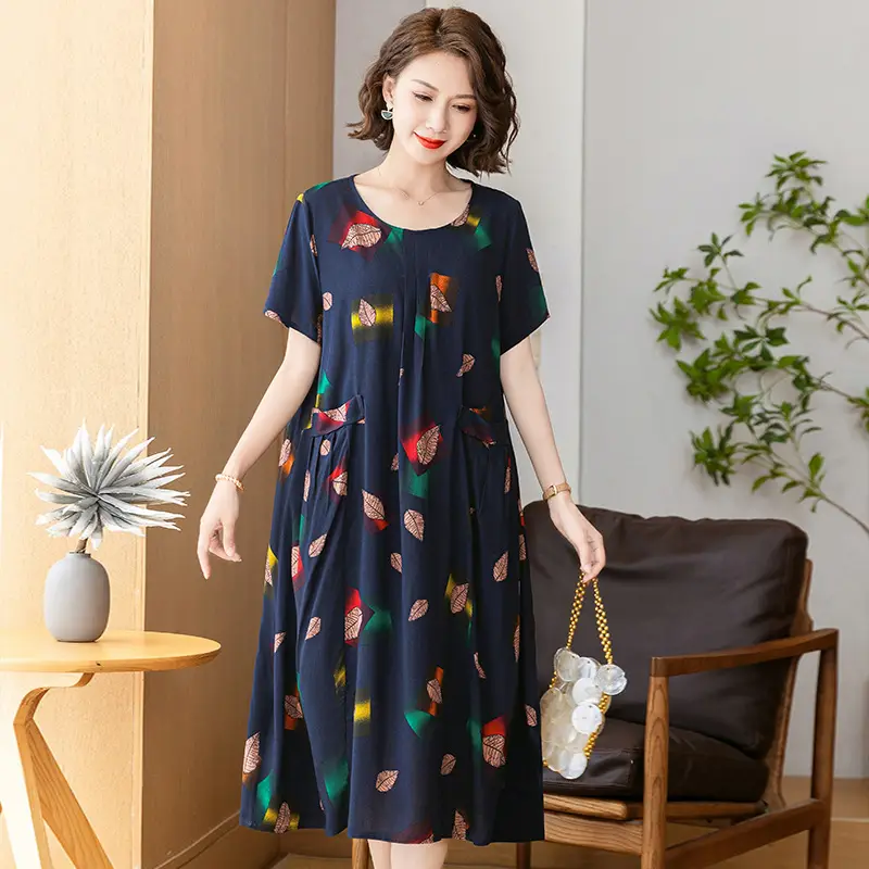 Fat Plus Size Cotton Silk Dress Navy Leaf Print - Image 26