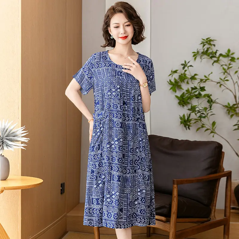Fat Plus Size Cotton Silk Dress Navy Leaf Print - Image 28