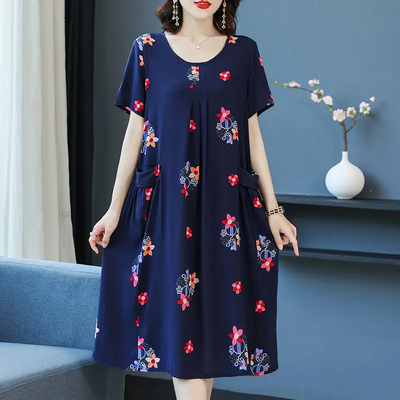 Fat Plus Size Cotton Silk Dress Navy Leaf Print - Image 4
