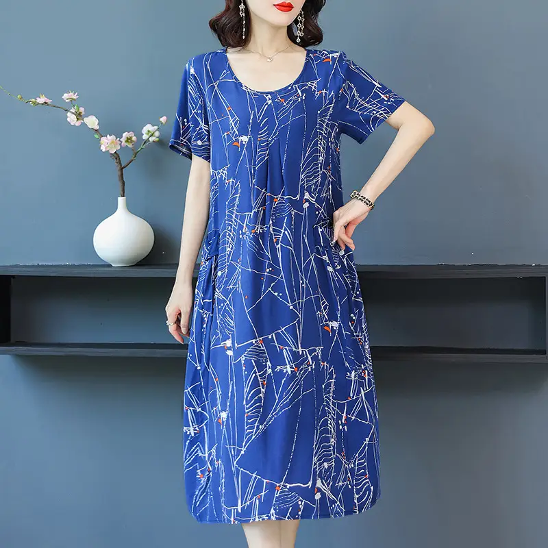 Fat Plus Size Cotton Silk Dress Navy Leaf Print - Image 5