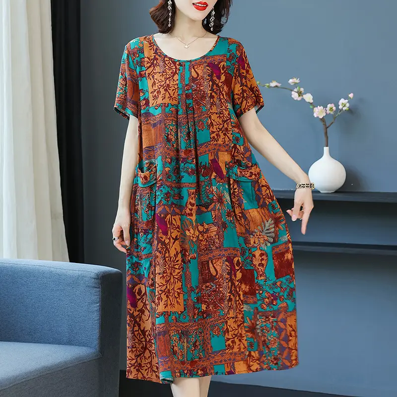 Fat Plus Size Cotton Silk Dress Navy Leaf Print - Image 9