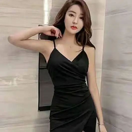 Black V-Neck Slim Fit High Split Sling Dress - Image 5