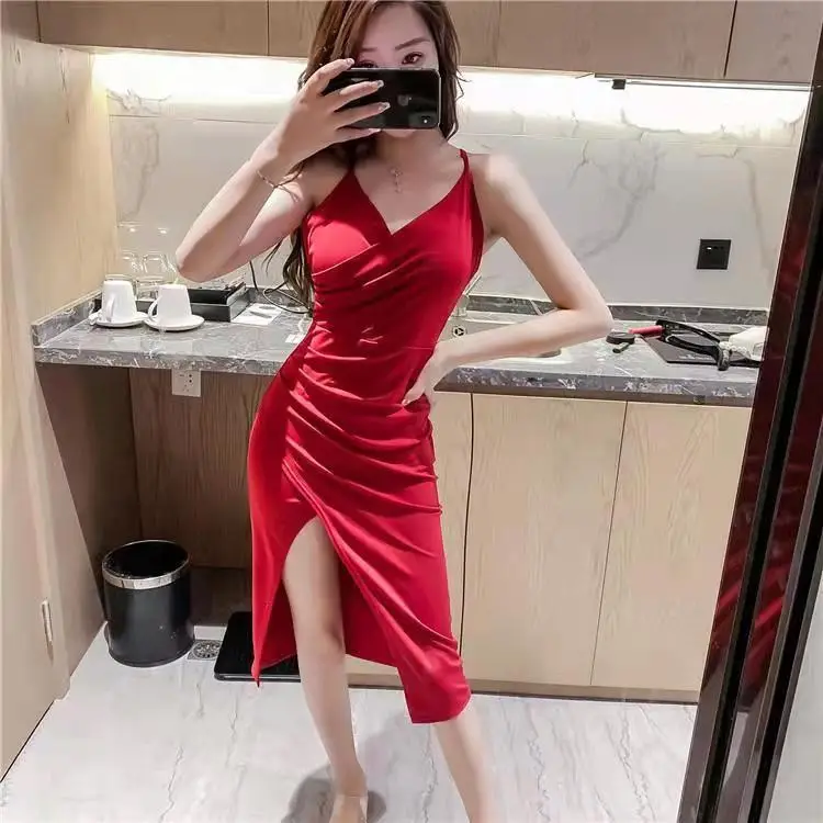 Black V-Neck Slim Fit High Split Sling Dress — feature 1