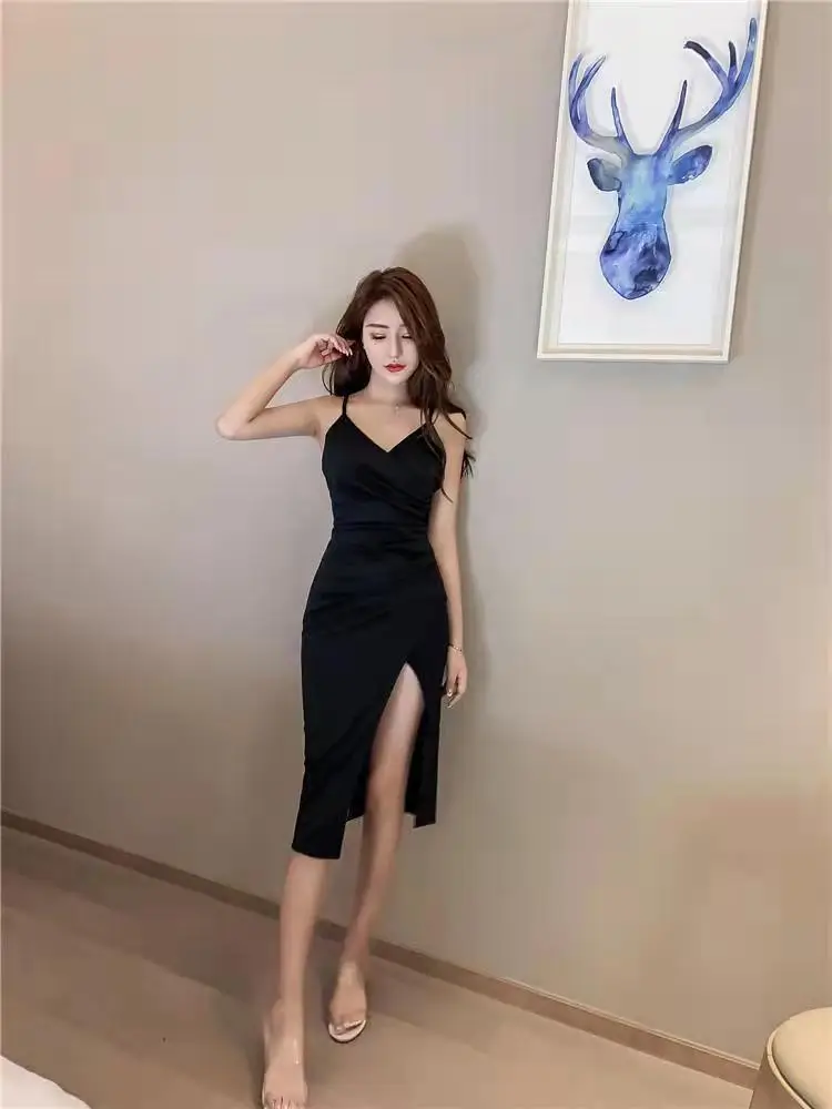 Black V-Neck Slim Fit High Split Sling Dress — feature 10