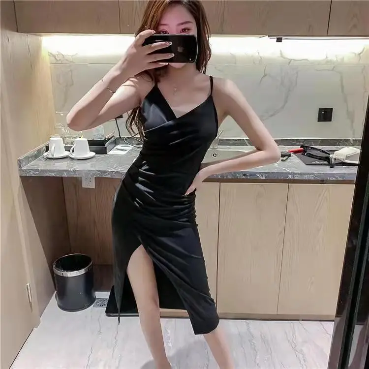 Black V-Neck Slim Fit High Split Sling Dress — feature 14