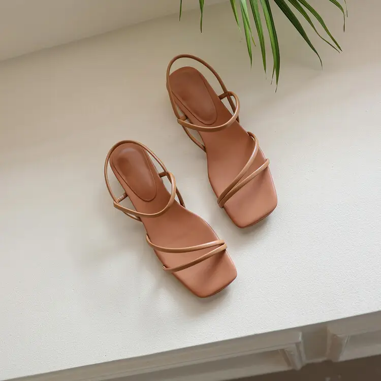 2024 Summer French Heel Sandals Fairy Strap White Brown - Image 2