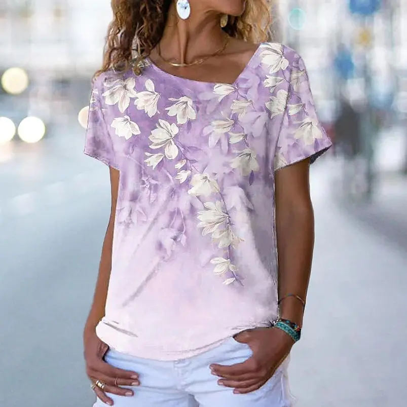 2023 Floral Print Short Sleeve T-Shirt Women - Image 3