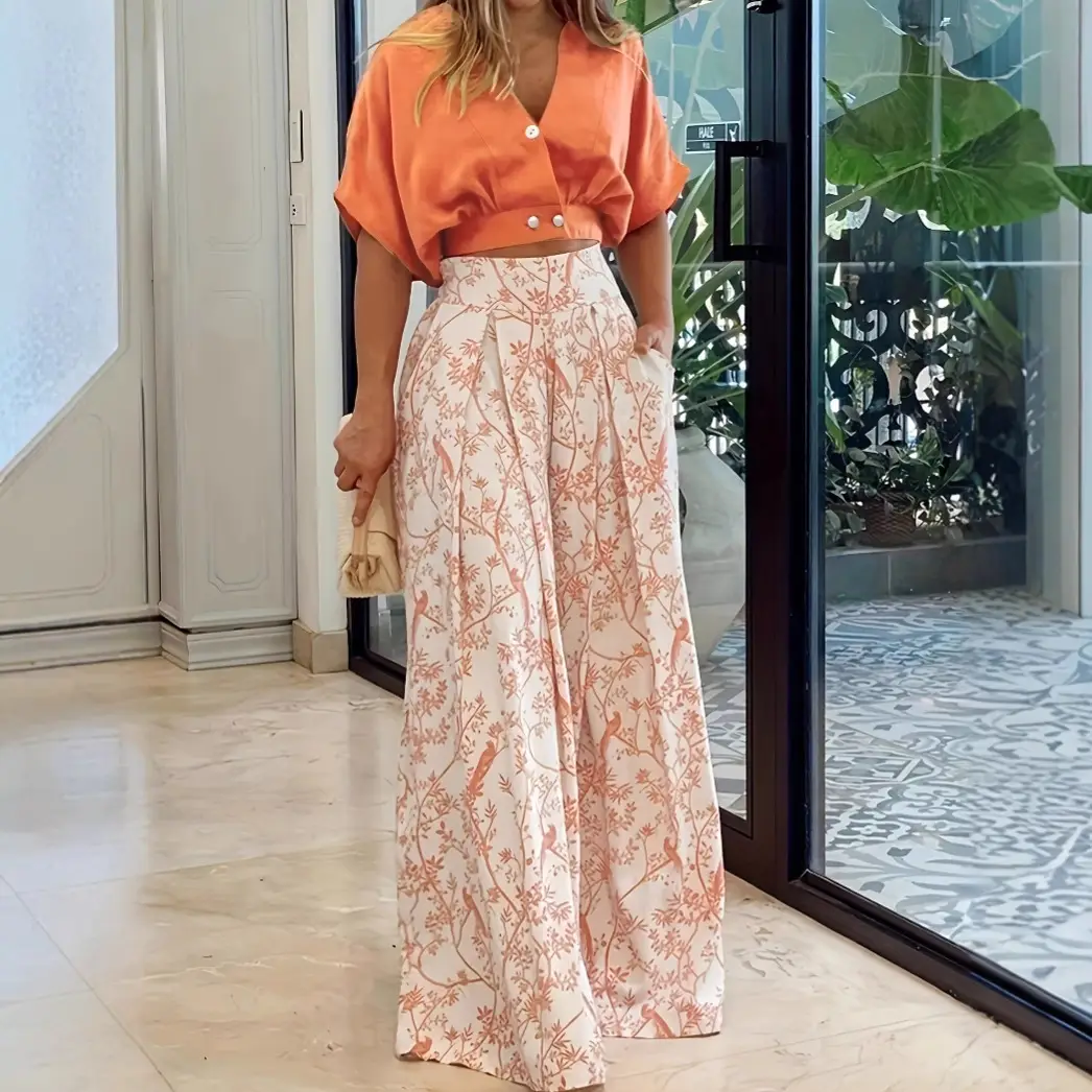 Women Blue Printed V-Neck Top with Wide Leg Pants - Image 7