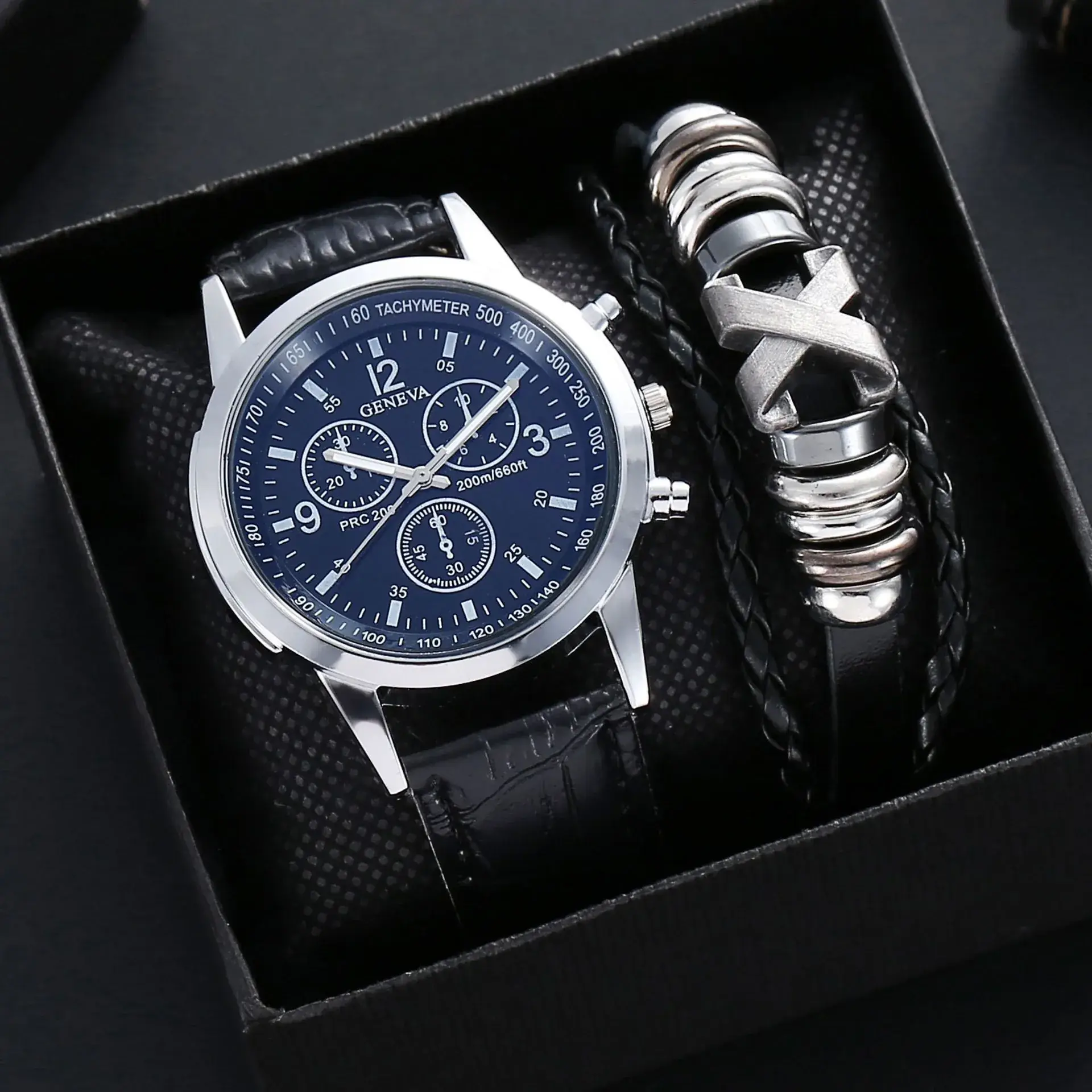Men's 3PCs Blue Light Glass Wristwatch with Bracelet Set - Image 2