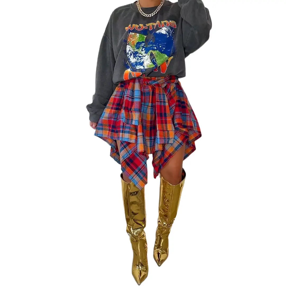 Women's Orange Plaid Irregular Strap Skirt with White Boots - Image 7