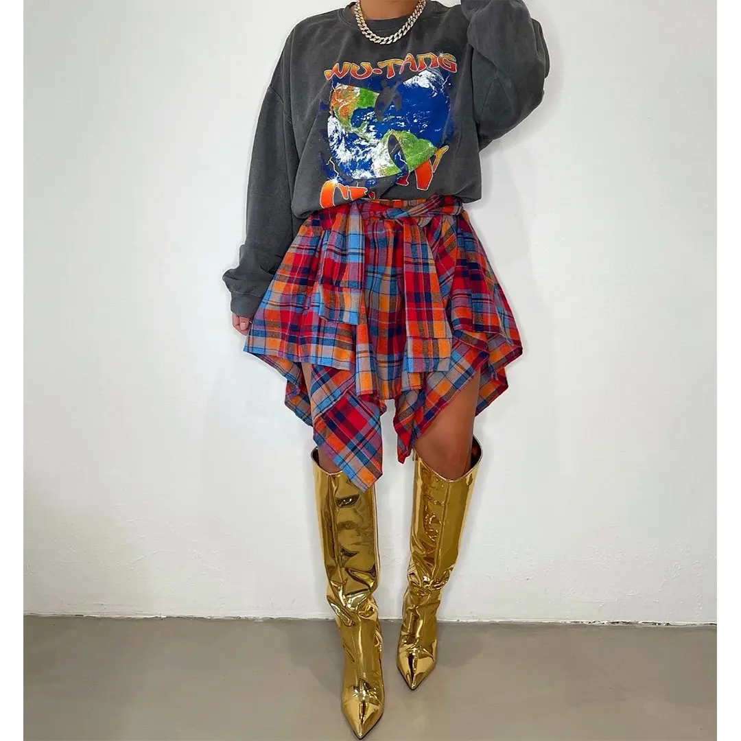 Women's Orange Plaid Irregular Strap Skirt with White Boots - Image 8