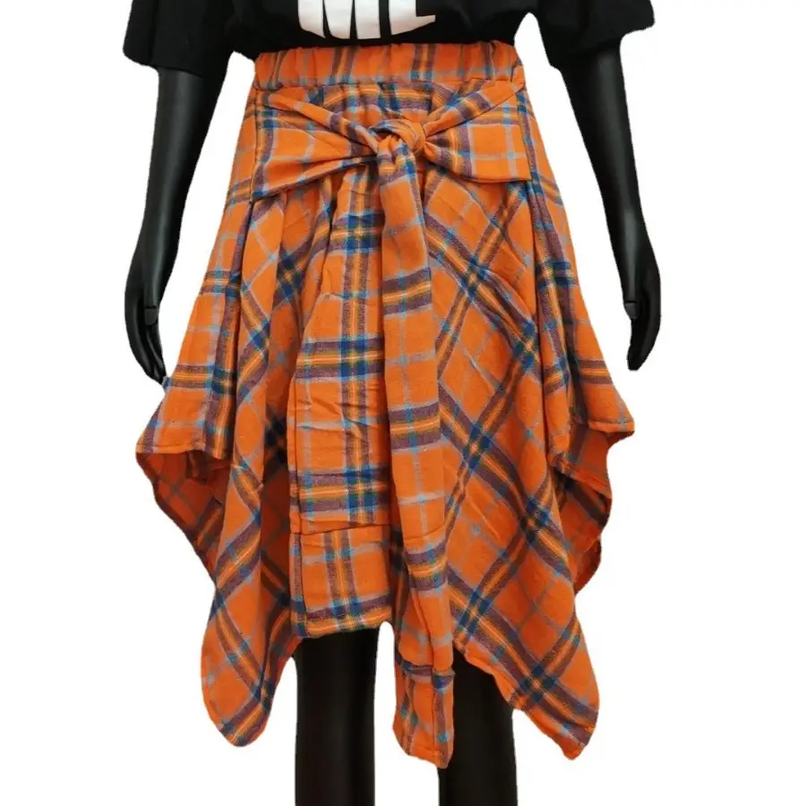 Women's Orange Plaid Irregular Strap Skirt with White Boots - Image 9