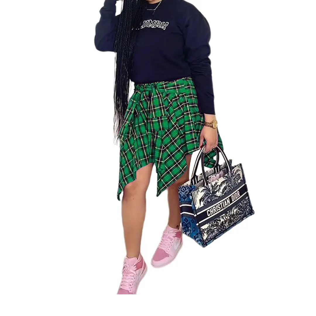 Women's Orange Plaid Irregular Strap Skirt with White Boots - Image 4
