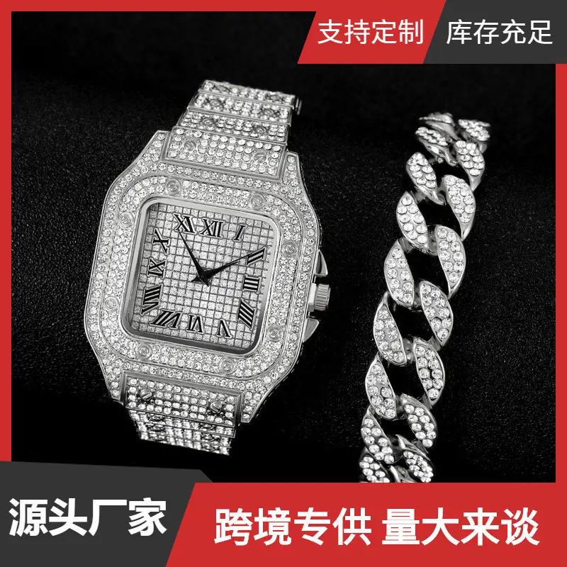 Men's Square Roman Diamond Hip Hop Watch with Diamond Bracelet - Image 12