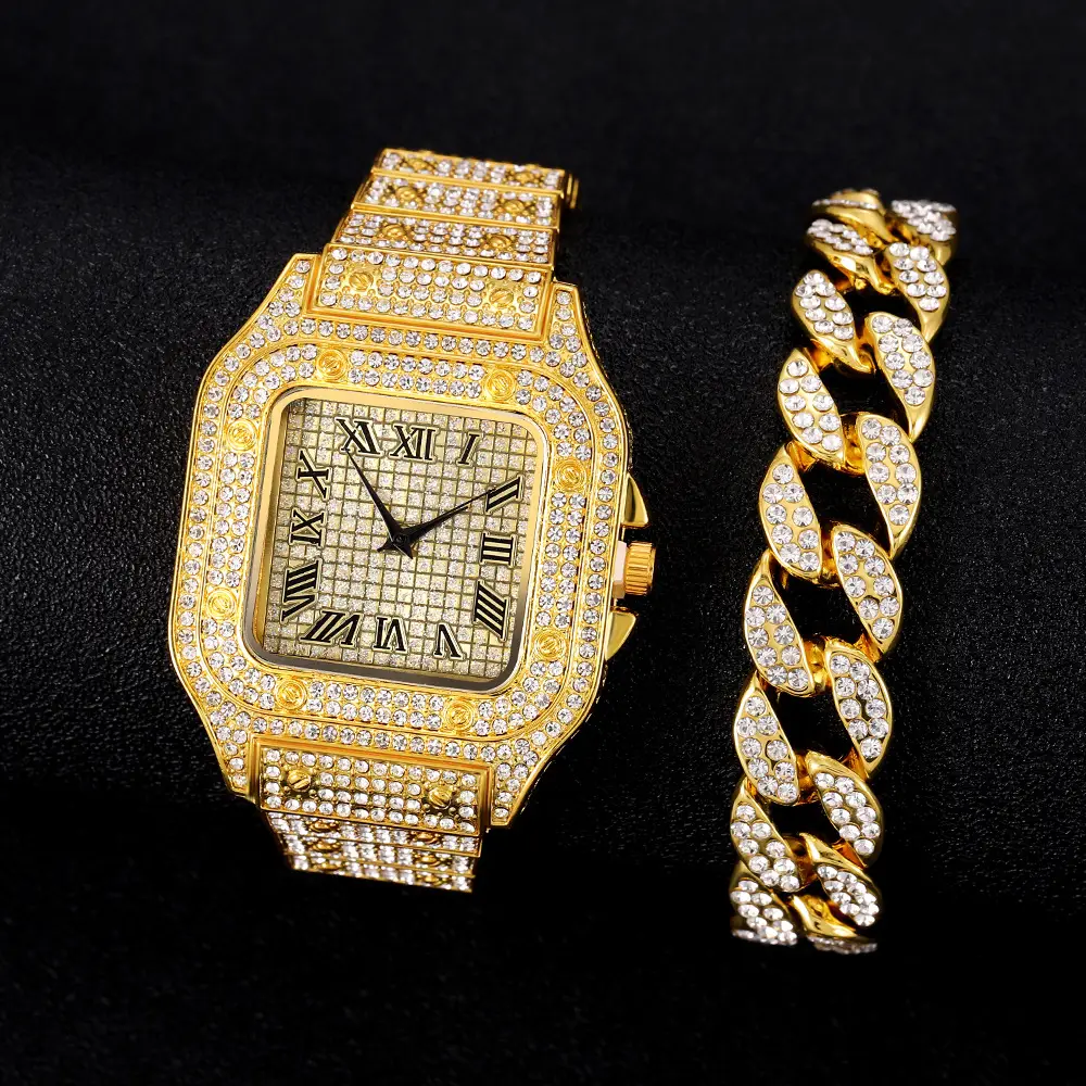 Men's Square Roman Diamond Hip Hop Watch with Diamond Bracelet — feature 9