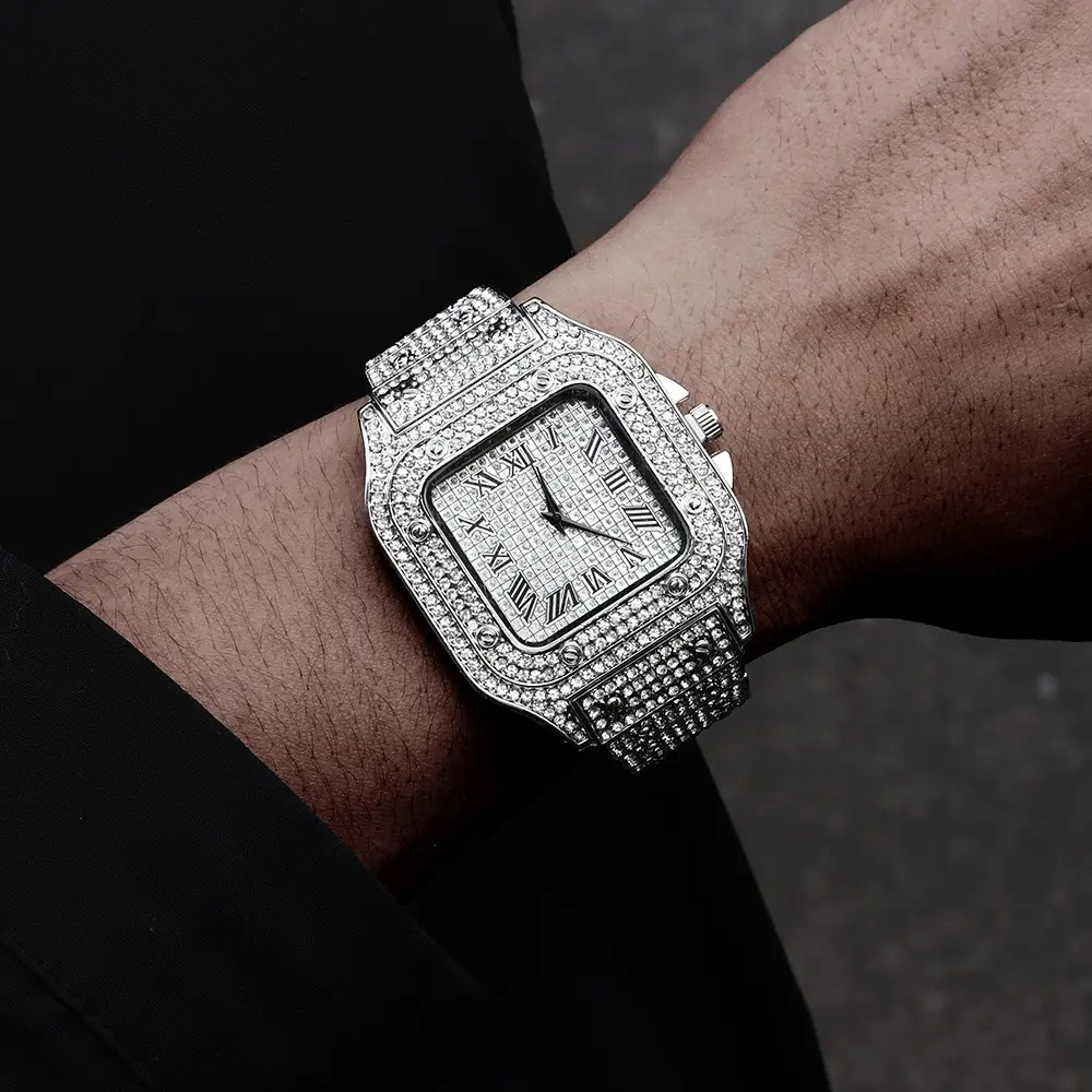 Men's Square Roman Diamond Hip Hop Watch with Diamond Bracelet — feature 7