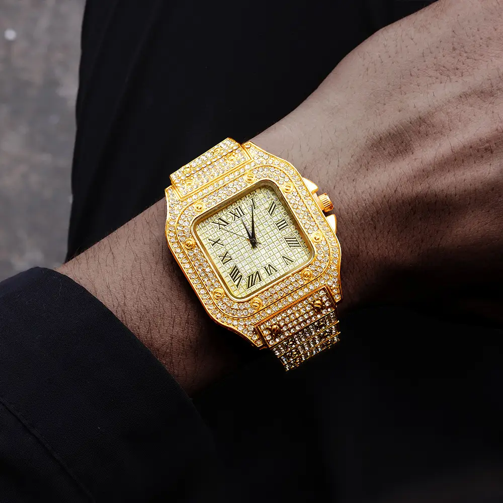 Men's Square Roman Diamond Hip Hop Watch with Diamond Bracelet — feature 5