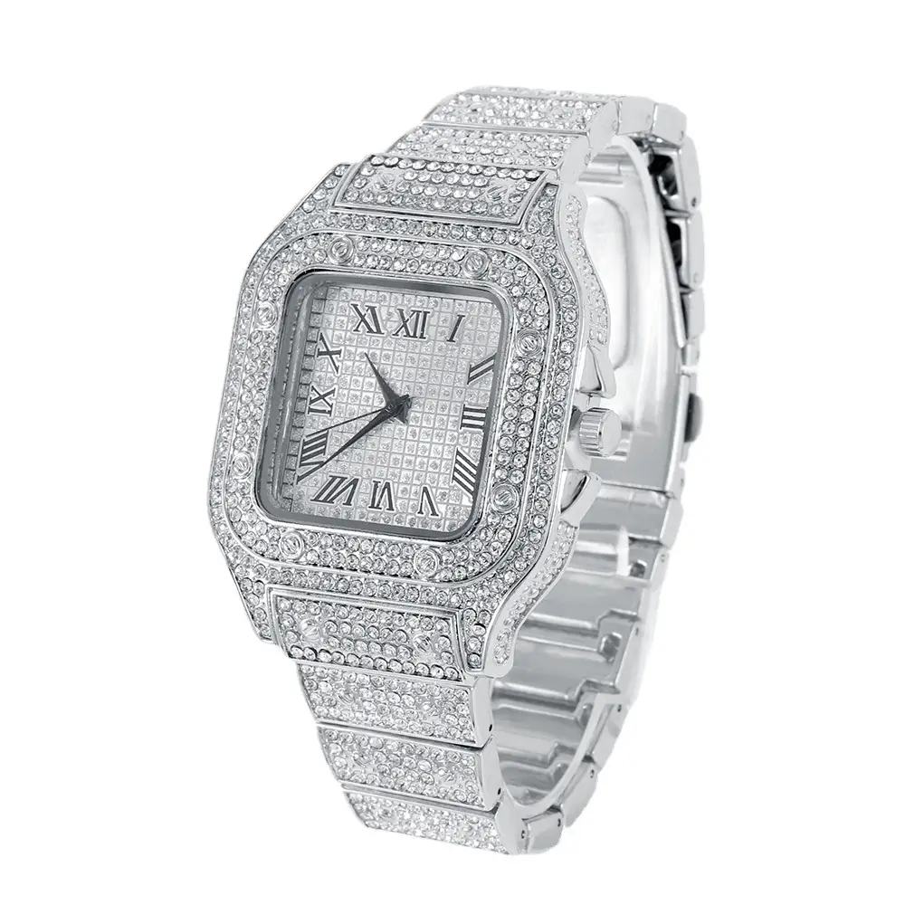 Men's Square Roman Diamond Hip Hop Watch with Diamond Bracelet - Image 15