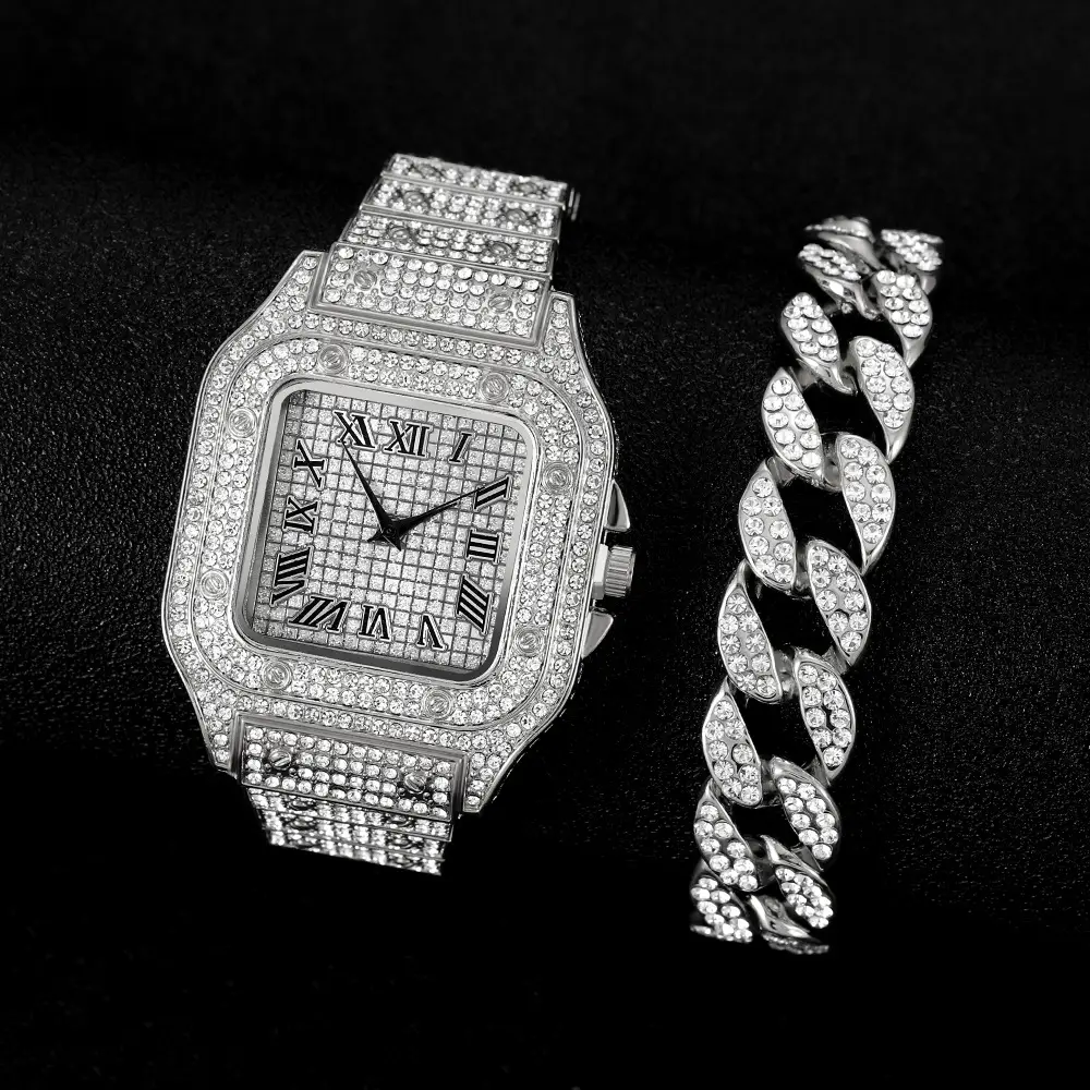 Men's Square Roman Diamond Hip Hop Watch with Diamond Bracelet — feature 10