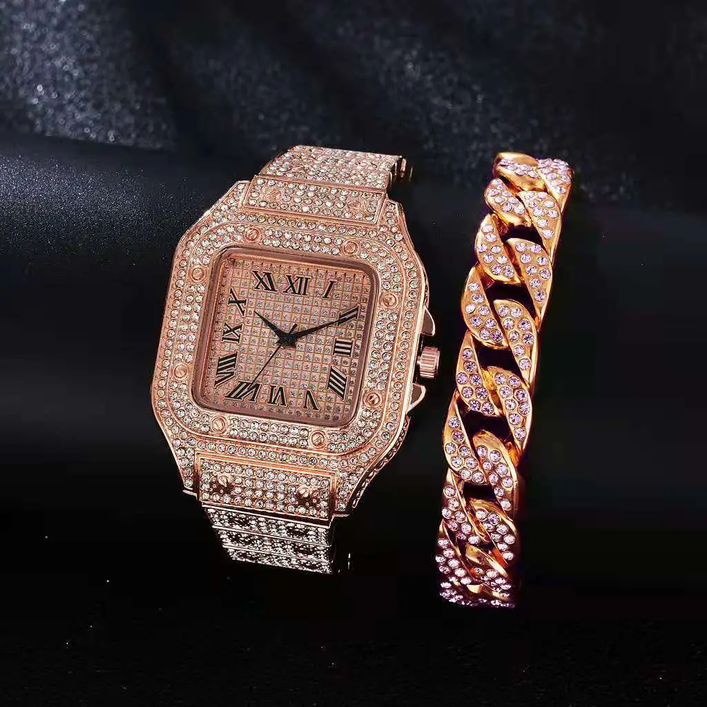 Men's Square Roman Diamond Hip Hop Watch with Diamond Bracelet - Image 3