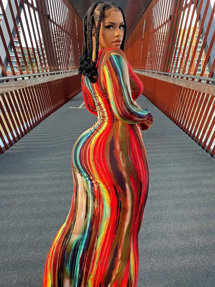 2022 Women's Colorful Tie-dyed Off-shoulder Dress Large Size - Image 11