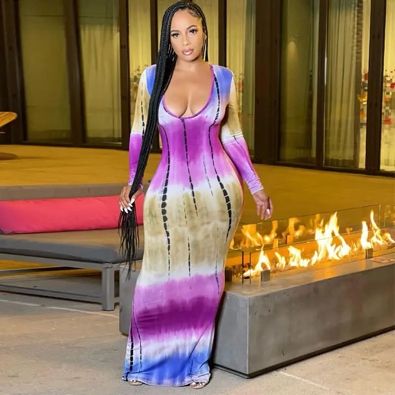 2022 Women's Colorful Tie-dyed Off-shoulder Dress Large Size - Image 13